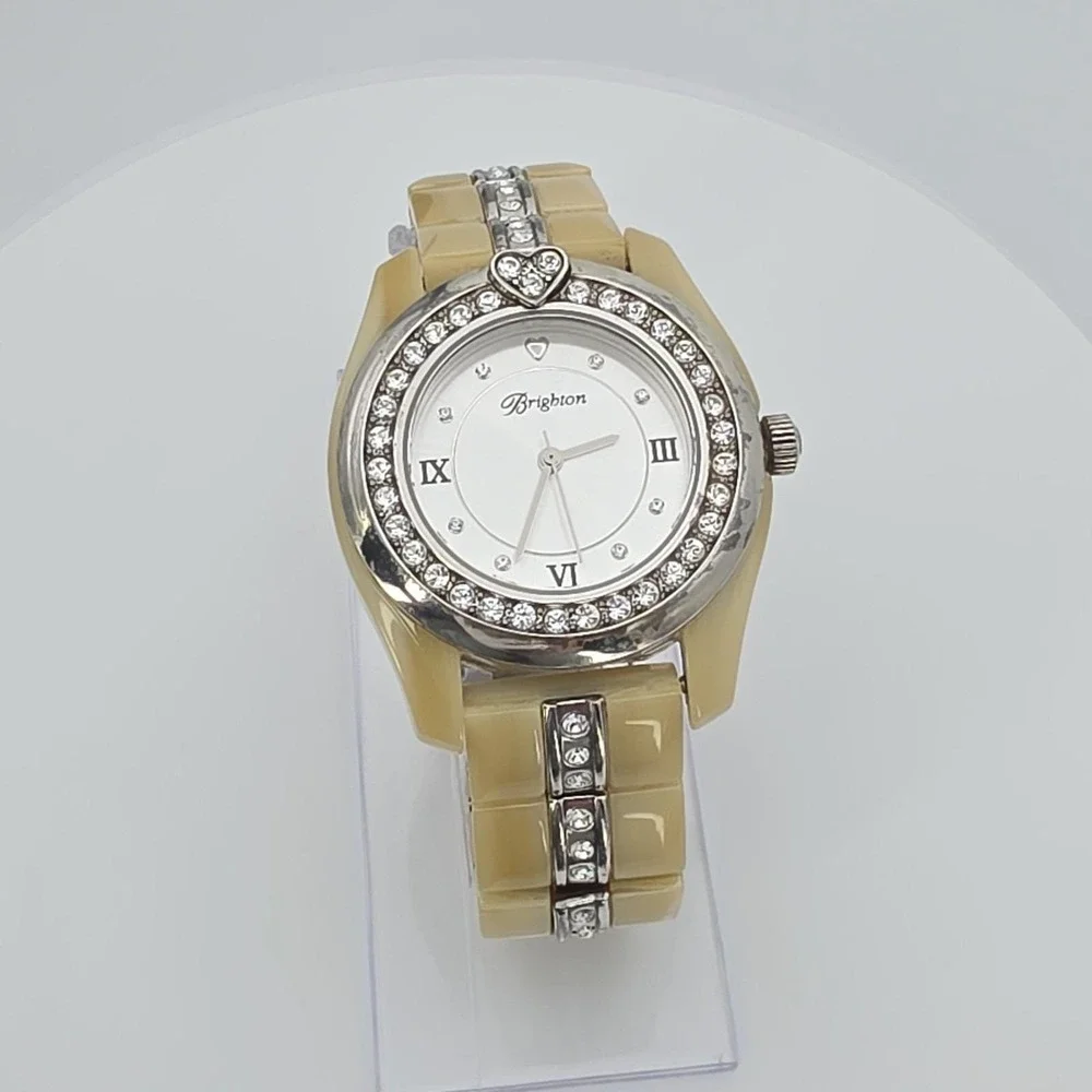 BRIGHTON 'Dana Point' Watch Beige Resin Band Crystal Accents Silver Plate